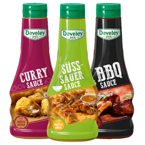 Dreier Soßenset, Bundle: Sußsauer, Curry und BBQ-Soße