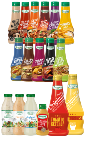 Set, Bundle aus Grillsoßen, Ketchup, Mayonnaise, mittelscharfer Senf und Salatdressing