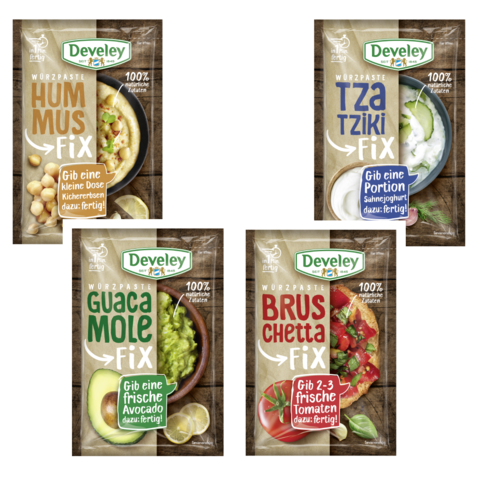 Set, Bundle aus Würzpasten Hummus, Tzatziki, Guacamole und Buschetta