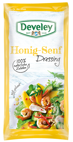 Honig-Senf Dressing im Portionsbeutel, 75ml zum mitnehmen, passt zu Ofenkartoffel, Salat und Grillgemüse, vegetarisch, glutenfrei