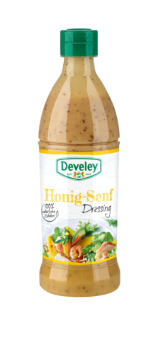 Honig-Senf Dressing in der Plastikflasche, 500ml zum mitnehmen, passt zu Ofenkartoffel, Salat und Grillgemüse, vegetarisch, glutenfrei