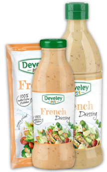 French Dressing im 75ml Portionsbeutel, in der 230ml Glasflasche, in der 500ml Plastikflasche, passt zu Caesar Salad, Salat und Grillgemüse, glutenfrei, laktosefrei, vegetarisch