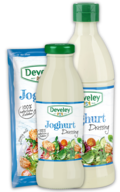 Joghurt Dressing im 75ml Portionsbeutel, in der 230ml Glasflasche, in der 500ml Plastikflasche, passt zu Avocado, Salat und Grillgemüse, glutenfrei, vegetarisch
