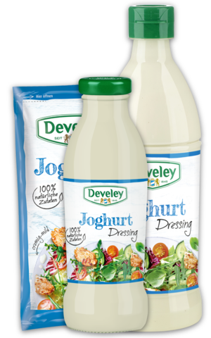 Joghurt Dressing im 75ml Portionsbeutel, in der 230ml Glasflasche, in der 500ml Plastikflasche, passt zu Avocado, Salat und Grillgemüse, glutenfrei, vegetarisch