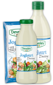 Joghurt Dressing im 75ml Portionsbeutel, in der 230ml Glasflasche, in der 500ml Plastikflasche, passt zu Avocado, Salat und Grillgemüse, glutenfrei, vegetarisch