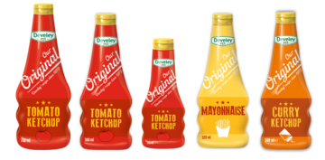 Die Produktrange von Our Original: Tomato Ketchup in 250ml, 500ml und 750ml, Curry Ketchup, Hot Chili Ketchup und Mayonnaise
