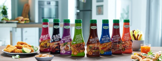 Develey Soßen Vielfalt: süsauer, bbq, white bbq, red bean, curry, knoblauch, sweet chili, burger, spicy burger, 250ml, Squeeze