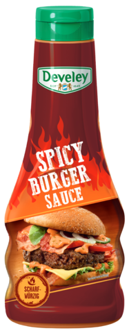 Die Spicy Burger Sauce von Develey ist scharf würzig und passt perfekt zu Burger, Grillgemüse und Steak, Squeeze, 250ml, grillsoße, vegetarisch