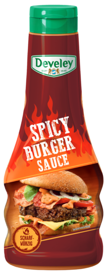 Die Spicy Burger Sauce von Develey ist scharf würzig und passt perfekt zu Burger, Grillgemüse und Steak, Squeeze, 250ml, grillsoße, vegetarisch