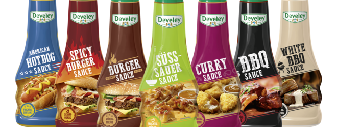 Alle Grillsaucen von Develey: süsauer, curry, bbq, qhite bbq, red bean, hot dog, burger, spicy burger