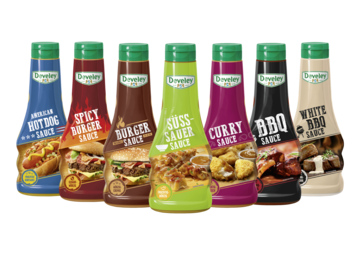 Alle Grillsaucen von Develey: süsauer, curry, bbq, qhite bbq, red bean, hot dog, burger, spicy burger