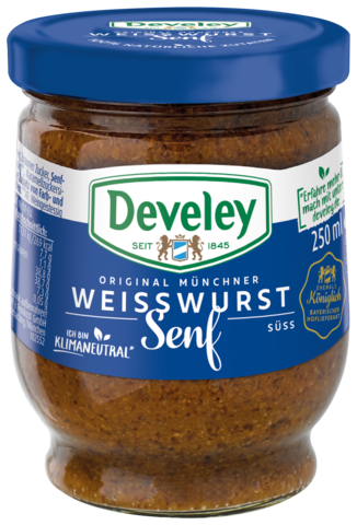 Süßer Weißwurst Senf im 250ml Glas von Develey, körnig süß, klimaneutral, vegan, vegetarisch