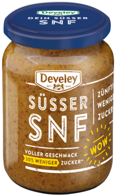 Süßer Weißwurst Senf SNF im 335ml Glas von Develey, körnig süß, klimaneutral, vegan, vegetarisch, 30% weniger Zucker
