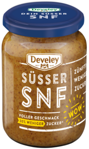 Süßer Weißwurst Senf SNF im 335ml Glas von Develey, körnig süß, klimaneutral, vegan, vegetarisch, 30% weniger Zucker