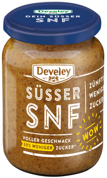 Süßer Weißwurst Senf SNF im 335ml Glas von Develey, körnig süß, klimaneutral, vegan, vegetarisch, 30% weniger Zucker