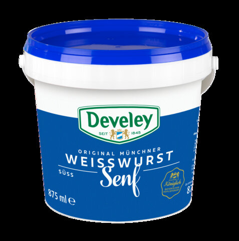 Süßer Weißwurst Senf im 875ml Eimer von Develey, körnig süß, klimaneutral, vegan, vegetarisch
