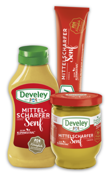 Mittelscharfer Senf in verschiedenen Größen von Develey: 250ml Glas, 300ml Squeeze, 100ml Tube, vegan, vegetarisch, klimaneutral