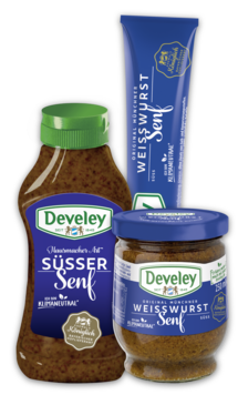 Weißwurstsenf, süßer Senf in verschiedenen Größen von Develey: 250ml Glas, 100ml Tube, 300ml Squeeze, klimaneutral,  vegan. vegetarisch