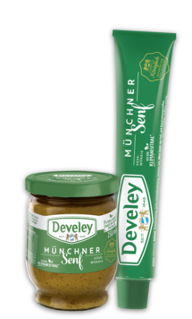 Münchner Senf in verschiedenen Größen von Develey: 250ml Glas, 100ml Tube, vegan, vegetarisch, klimaneutral