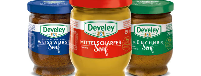 Develey 3 Senfgläser mit 250ml Menge: Münchner SEnf, mittelscharfer Senf und Weißwurstsenf, klimaneutral
