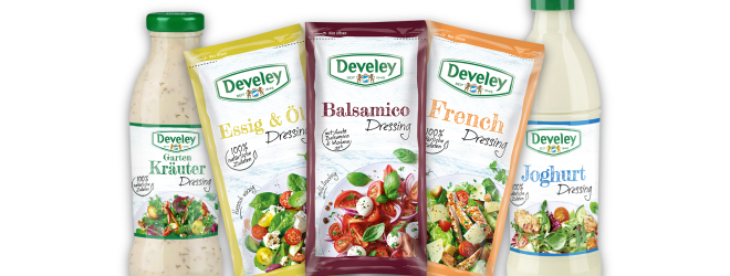 Develey Dressing Auswahl: Garten Kräuter, Essig & Öl, Balsamico, French, Joghurt in Beutel und Flaschen