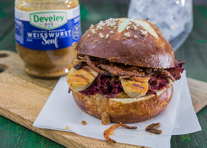 Rezept, Gericht von Develey: Weißwurstburger mit leckerer süßen Senf, Weißwurstsenf
