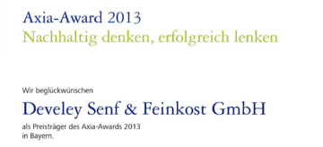Der Axia Award 2013 für Develey für nachhaltiges Denken
